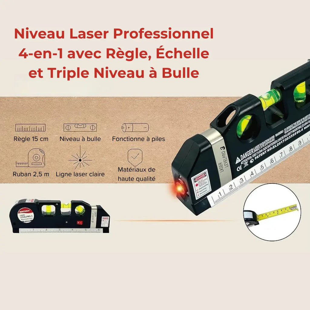 Niveau Laser Professionnel 4-en-1 avec Règle, Échelle et Triple Niveau à Bulle