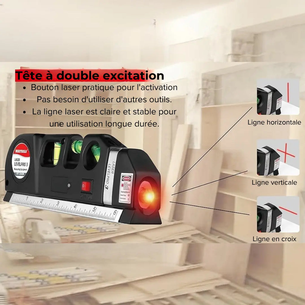 Niveau Laser Professionnel 4-en-1 avec Règle, Échelle et Triple Niveau à Bulle