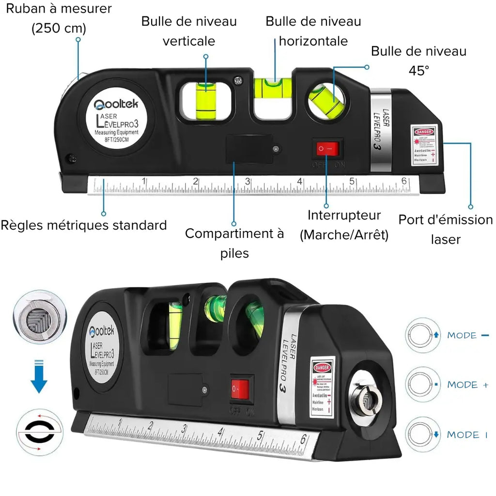 Niveau Laser Professionnel 4-en-1 avec Règle, Échelle et Triple Niveau à Bulle